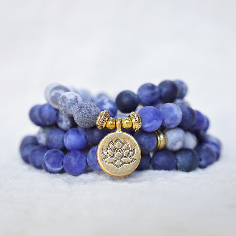Picasso Jasper & Blue Stone Lotus Pendant 108-Bead Mala Bracelet — main product view