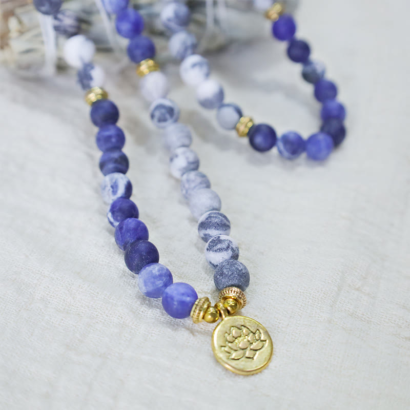 Picasso Jasper & Blue Stone Lotus Pendant 108-Bead Mala Bracelet — product view 2