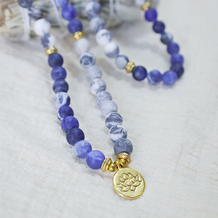 Picasso Jasper & Blue Stone Lotus Pendant 108-Bead Mala Bracelet — product view 2