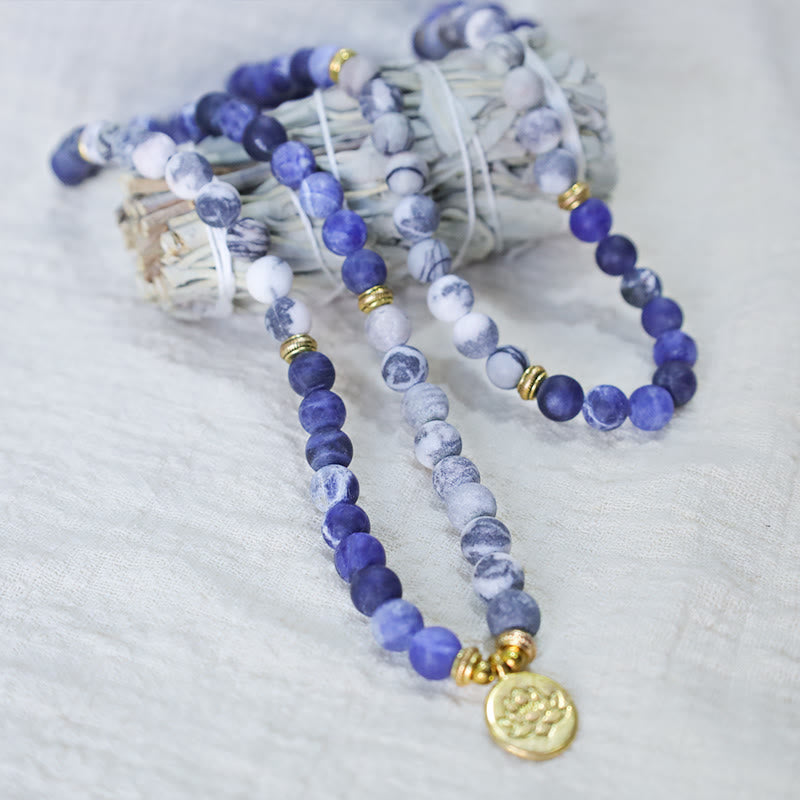 Picasso Jasper & Blue Stone Lotus Pendant 108-Bead Mala Bracelet — product view 3