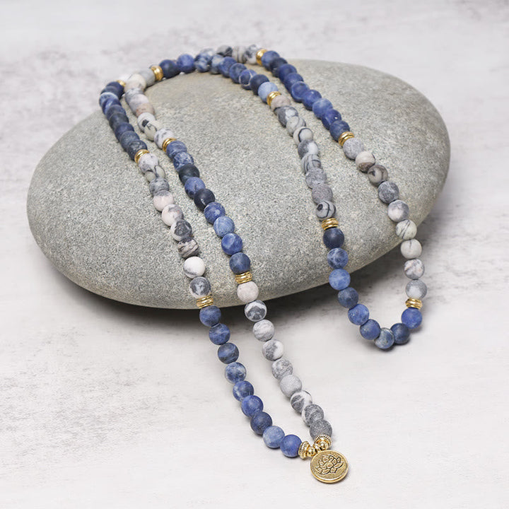 Picasso Jasper & Blue Stone Lotus Pendant 108-Bead Mala Bracelet — product view 4