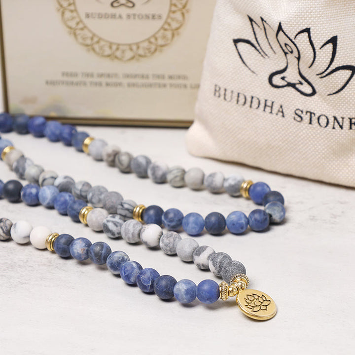 Picasso Jasper & Blue Stone Lotus Pendant 108-Bead Mala Bracelet — product view 5