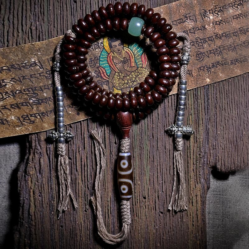 Purple Bodhi seed and Dzi bead mala bracelet — view 2