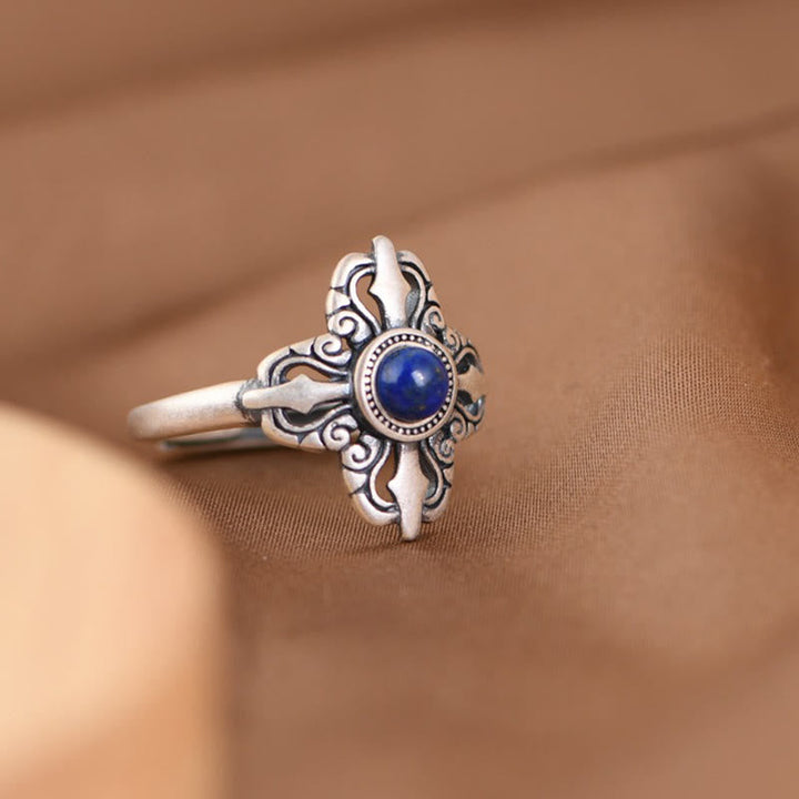 Close-up of lapis lazuli stone set in sterling silver ring