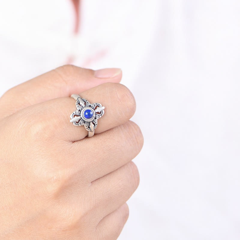 Open-band lapis lazuli ring showing adjustable fit