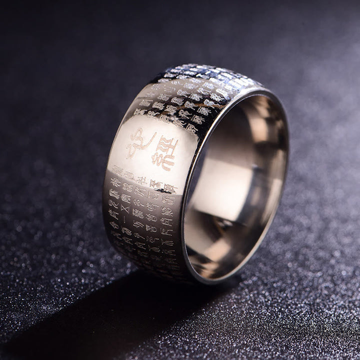 Buddha Stones Tibetan Seal Heart Sutra Titanium Steel Balance Ring Ring BS Silvery US13