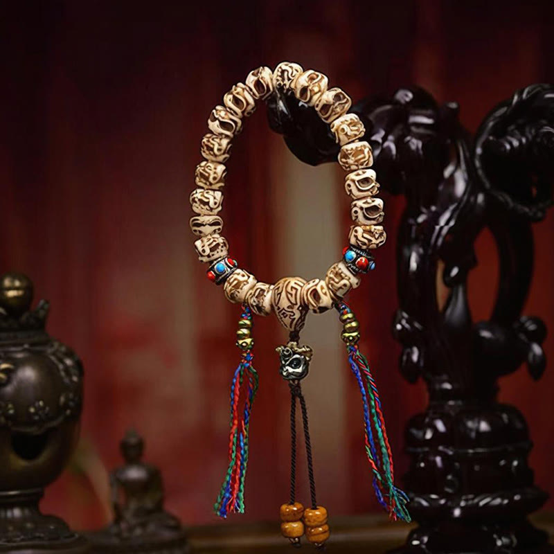 Buddha Stones Tibetan Camel Bone Garuda Carved Protection Tassel Bracelet