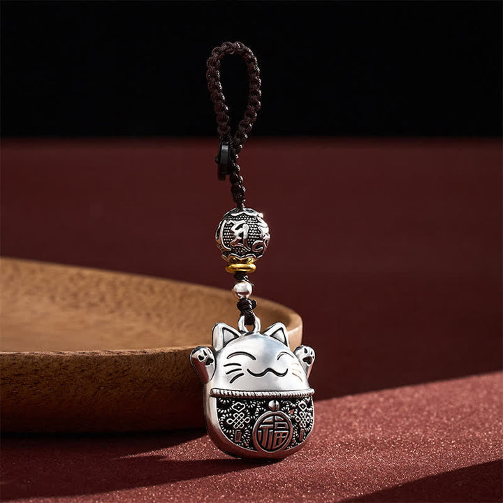 FREE Today: Wealth and Fortune Engraved Copper Fu Character Lucky Cat Braided Keychains