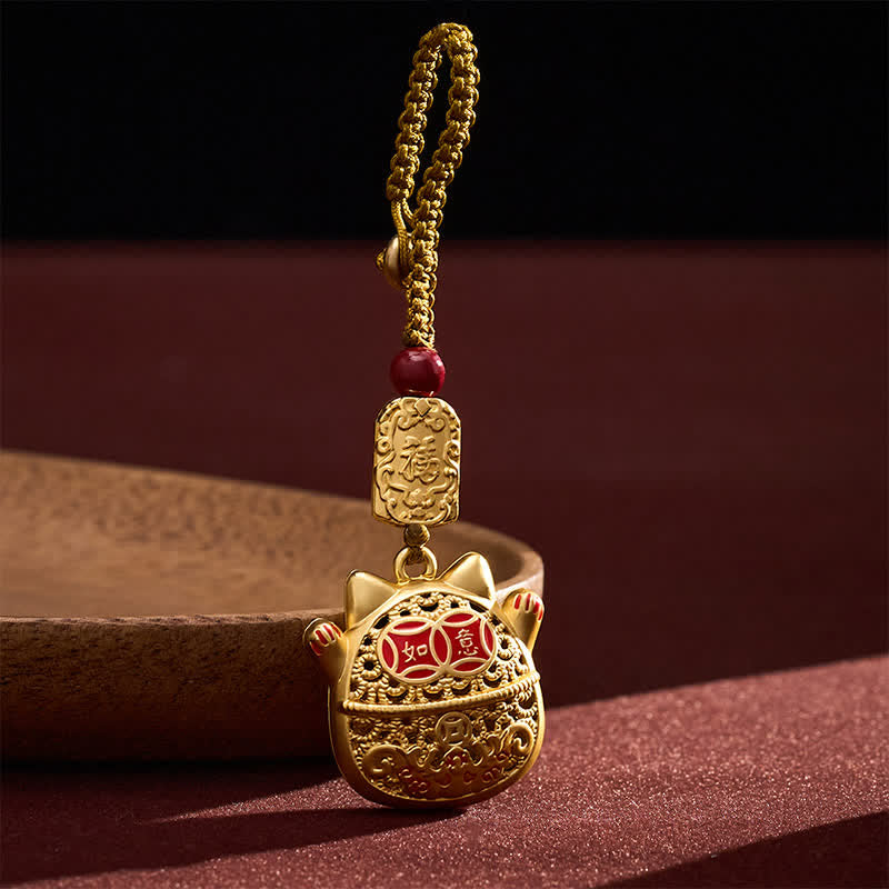 FREE Today: Wealth and Fortune Engraved Copper Fu Character Lucky Cat Braided Keychains