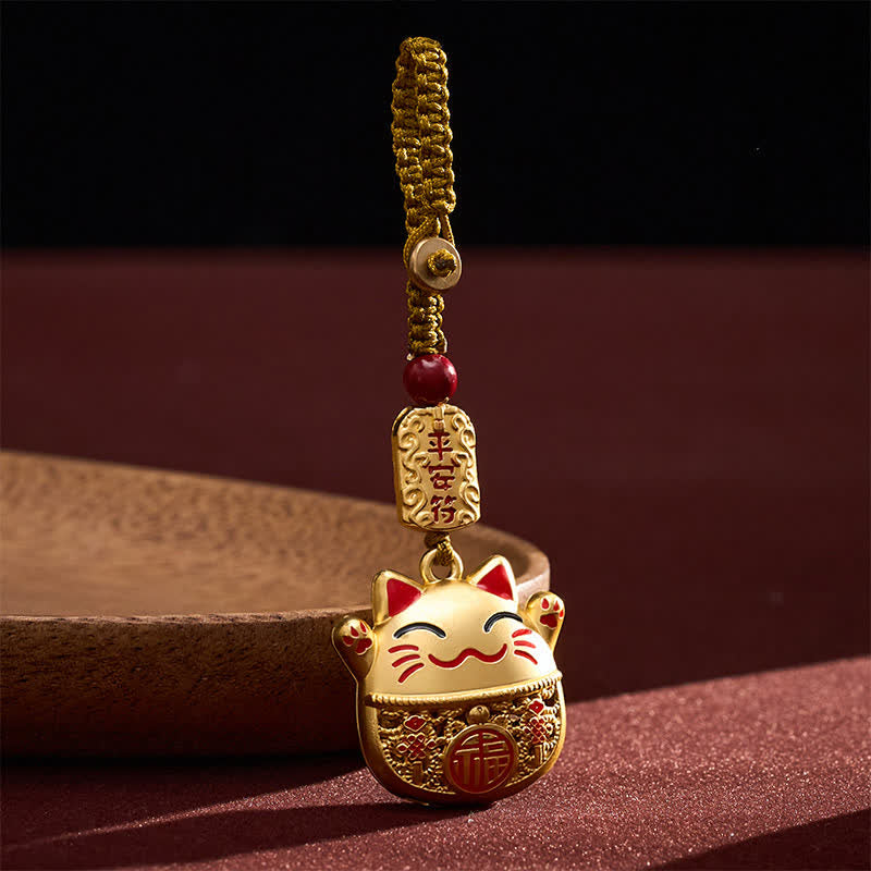 FREE Today: Wealth and Fortune Engraved Copper Fu Character Lucky Cat Braided Keychains