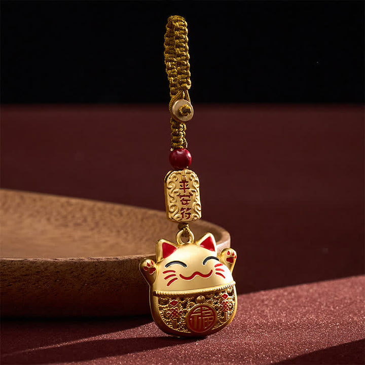 FREE Today: Wealth and Fortune Engraved Copper Fu Character Lucky Cat Braided Keychains