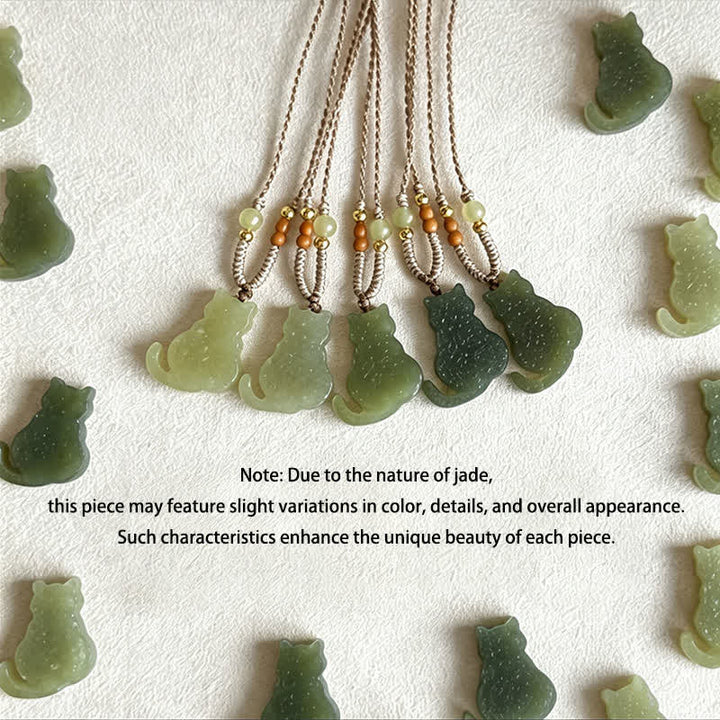 Buddha Stones Jade Cat Braided Cord Pendant Abundance Necklace
