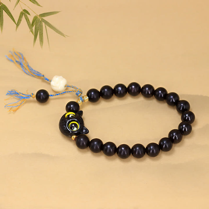 Buddha Stones Ebony Wood Cat Charm Braided Round Balance Bracelet