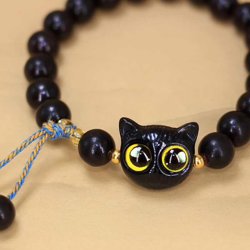 Buddha Stones Ebony Wood Cat Charm Braided Round Balance Bracelet