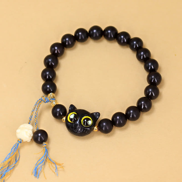 Buddha Stones Ebony Wood Cat Charm Braided Round Balance Bracelet