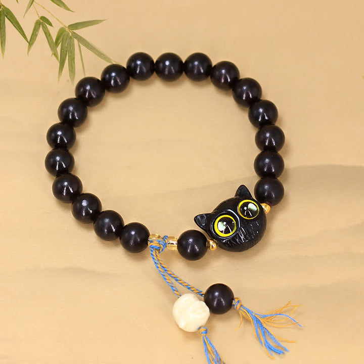 Buddha Stones Ebony Wood Cat Charm Braided Round Balance Bracelet