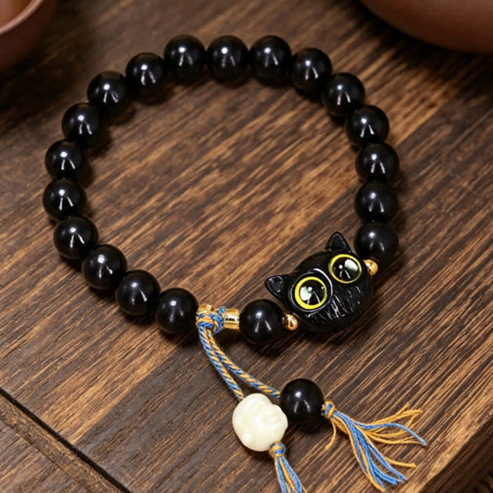 Buddha Stones Ebony Wood Cat Charm Braided Round Balance Bracelet
