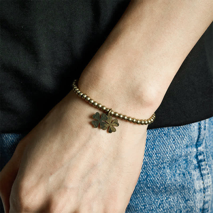 Buddha Stones Copper Beads Four-Leaf Clover Charm Luck Bracelet