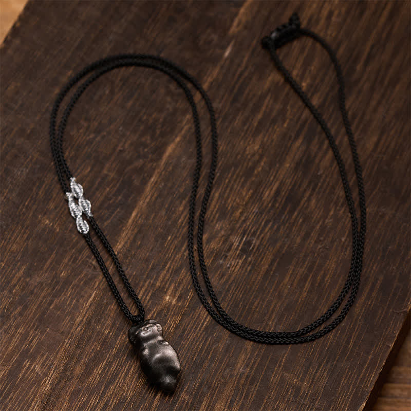 Buddha Stones Silver Sheen Obsidian Cat Pendant Grounding Braided Cord Necklace