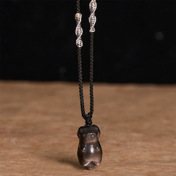 Buddha Stones Silver Sheen Obsidian Cat Pendant Grounding Braided Cord Necklace