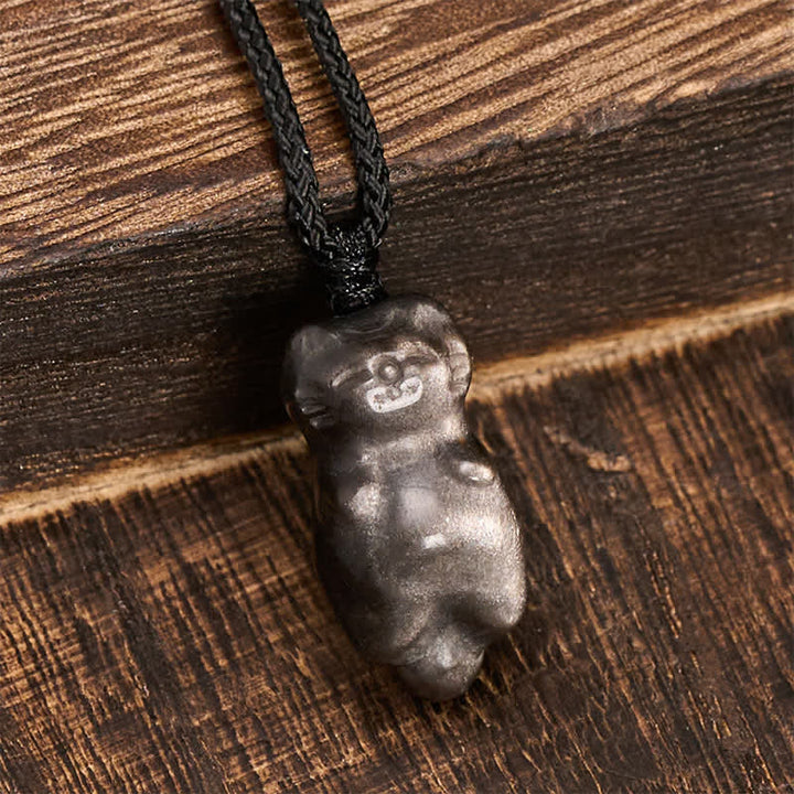 Buddha Stones Silver Sheen Obsidian Cat Pendant Grounding Braided Cord Necklace