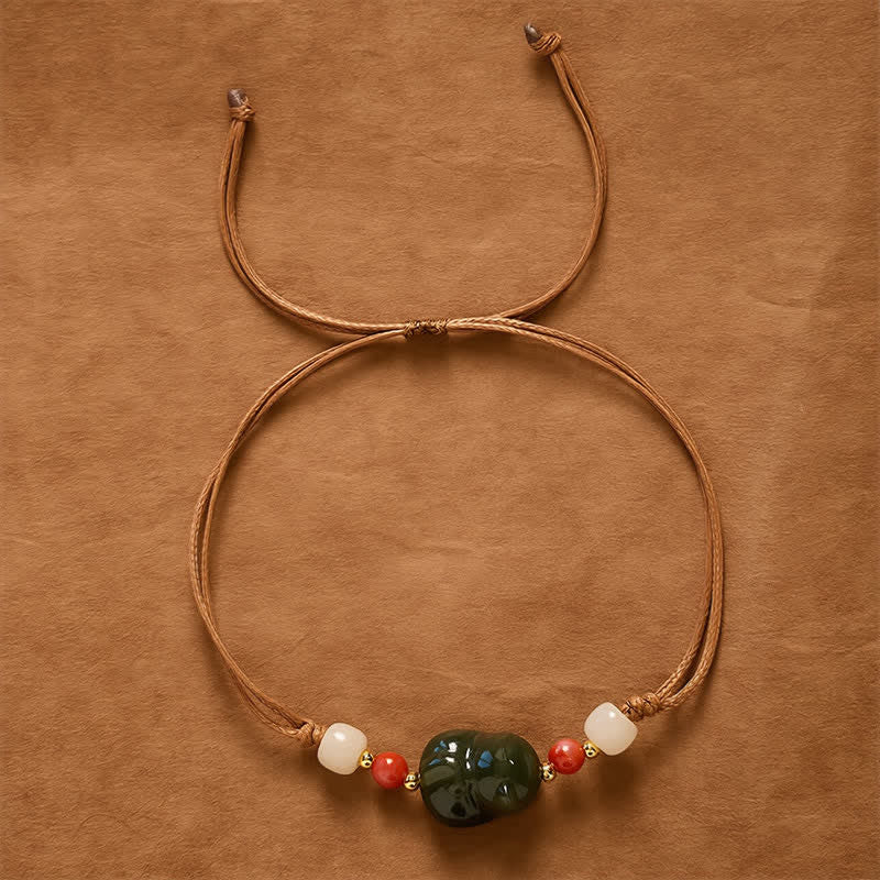 Buddha Stones Natural Hetian Jade Cat Hand-Woven Abundance Bracelet