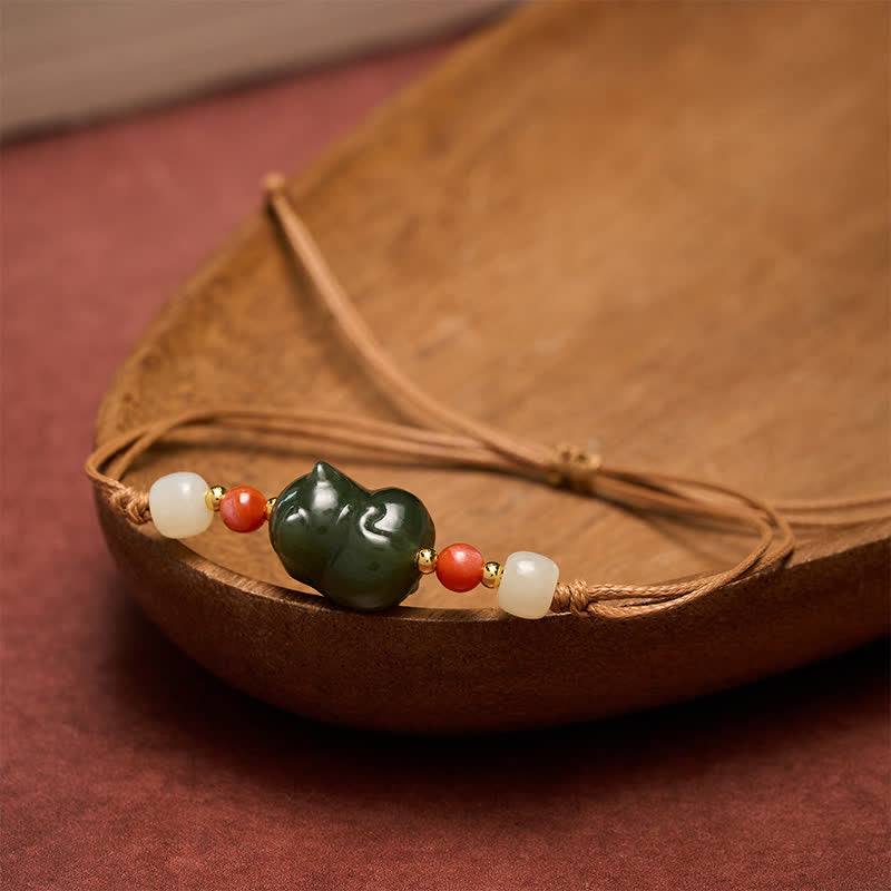 Buddha Stones Natural Hetian Jade Cat Hand-Woven Abundance Bracelet