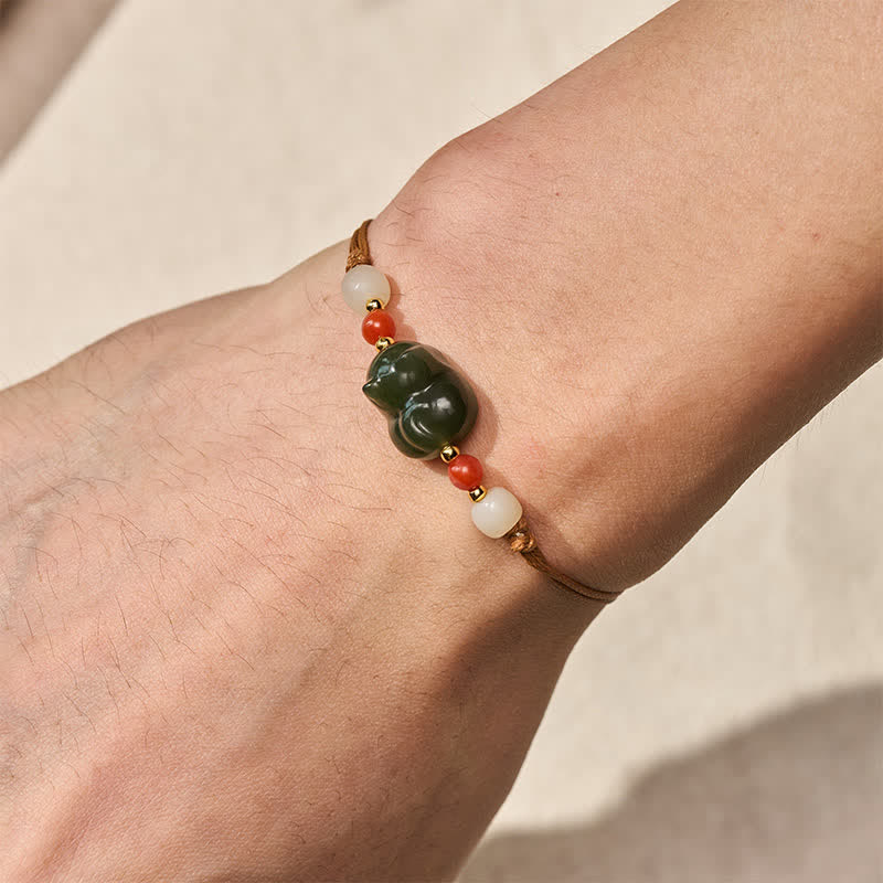 Buddha Stones Natural Hetian Jade Cat Hand-Woven Abundance Bracelet