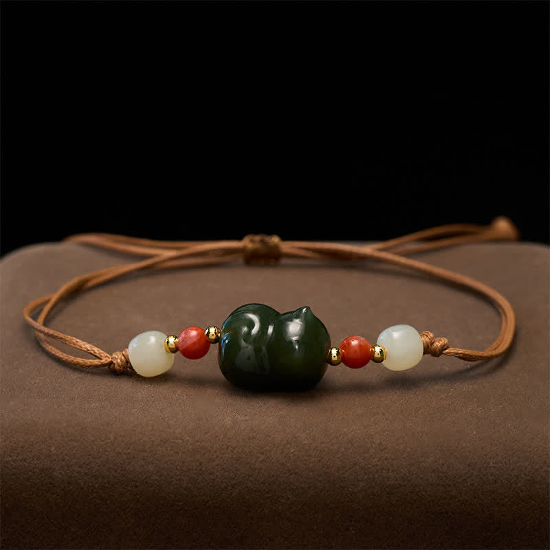 Buddha Stones Natural Hetian Jade Cat Hand-Woven Abundance Bracelet