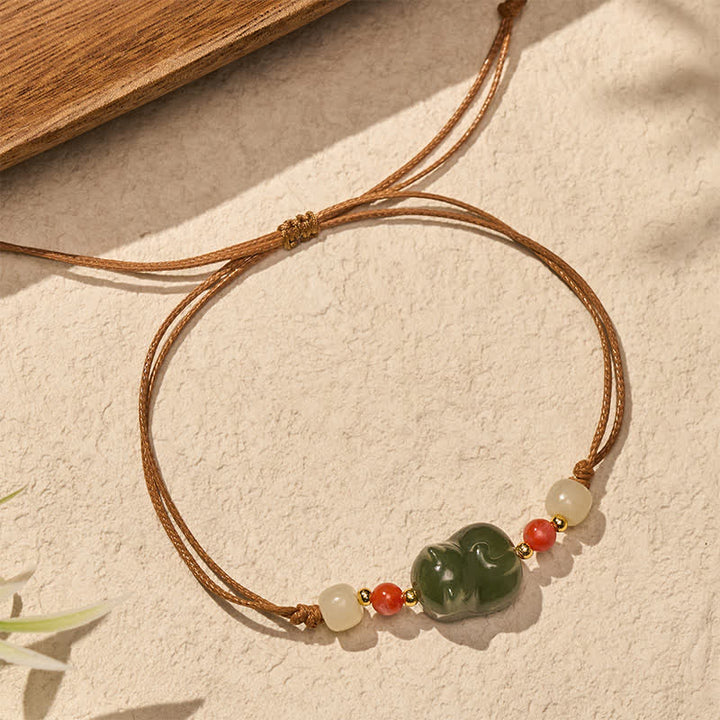 Buddha Stones Natural Hetian Jade Cat Hand-Woven Abundance Bracelet