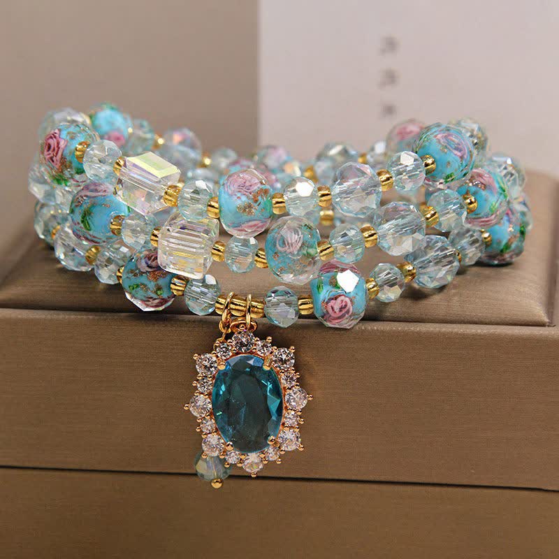 Buddha Stones Blue Liuli Glass Bead Floral Oval Charm Triple Wrap Clarity Bracelet