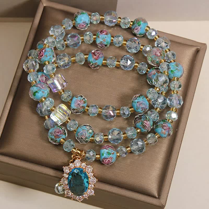 Buddha Stones Blue Liuli Glass Bead Floral Oval Charm Triple Wrap Clarity Bracelet