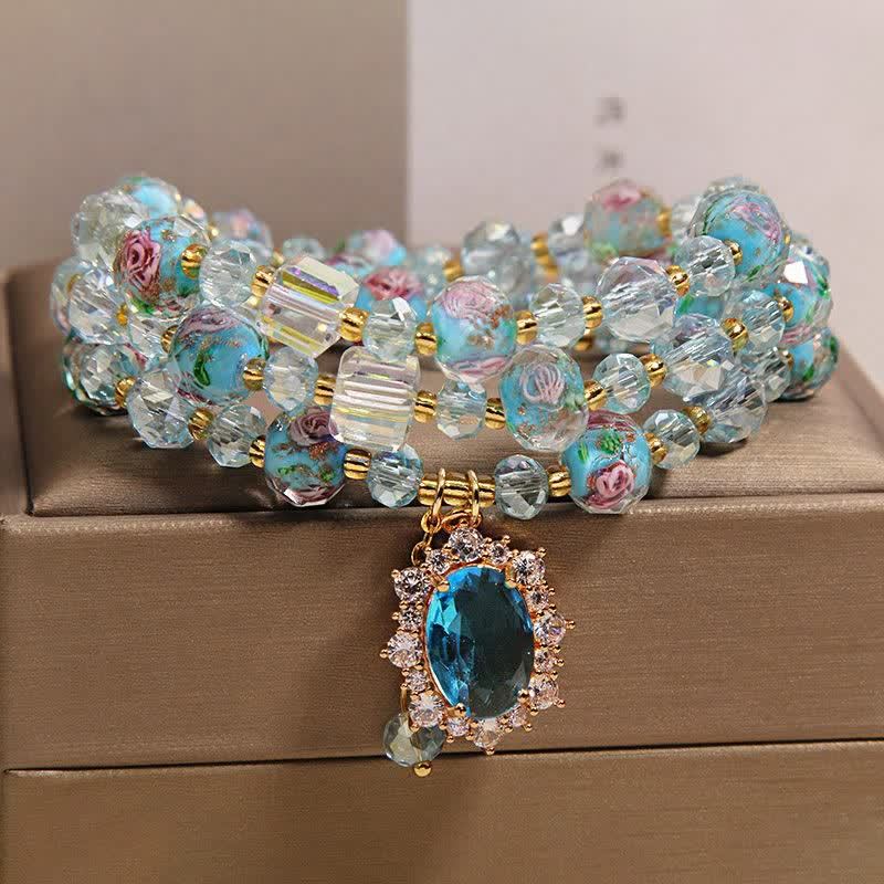 Buddha Stones Blue Liuli Glass Bead Floral Oval Charm Triple Wrap Clarity Bracelet
