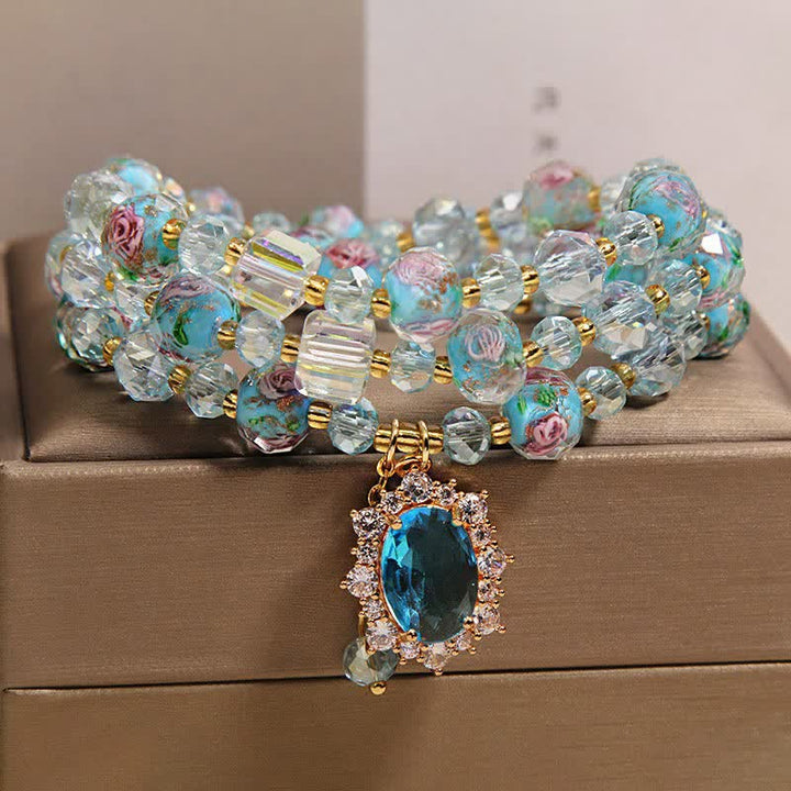 Buddha Stones Blue Liuli Glass Bead Floral Oval Charm Triple Wrap Clarity Bracelet