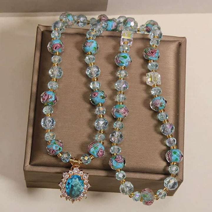 Buddha Stones Blue Liuli Glass Bead Floral Oval Charm Triple Wrap Clarity Bracelet