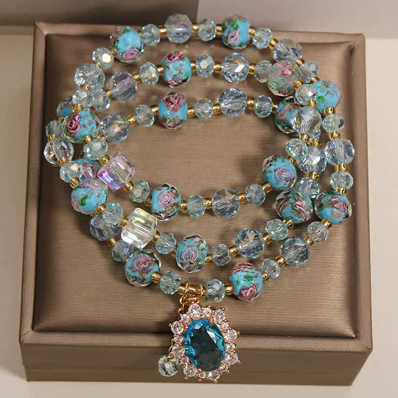Buddha Stones Blue Liuli Glass Bead Floral Oval Charm Triple Wrap Clarity Bracelet