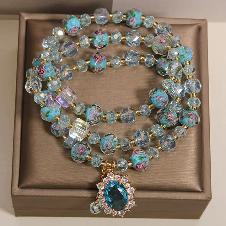 Buddha Stones Blue Liuli Glass Bead Floral Oval Charm Triple Wrap Clarity Bracelet