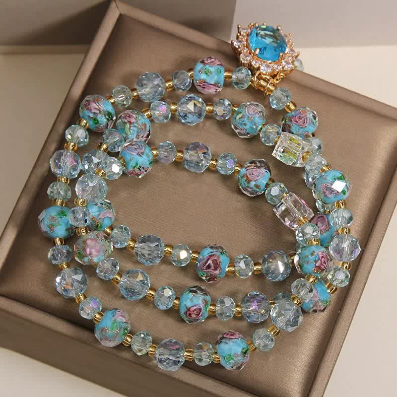 Buddha Stones Blue Liuli Glass Bead Floral Oval Charm Triple Wrap Clarity Bracelet