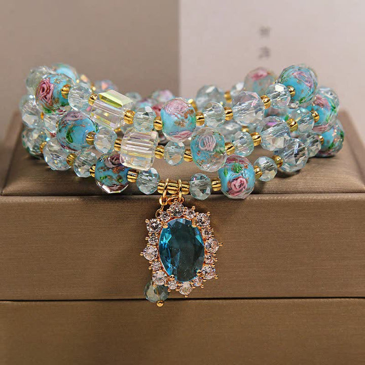 Buddha Stones Blue Liuli Glass Bead Floral Oval Charm Triple Wrap Clarity Bracelet