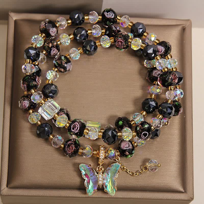 Buddha Stones Black Liuli Glass Bead Rose Butterfly Charm Transformation Triple Wrap Bracelet