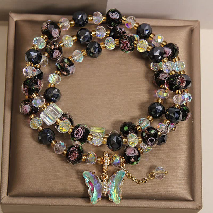 Buddha Stones Black Liuli Glass Bead Rose Butterfly Charm Transformation Triple Wrap Bracelet