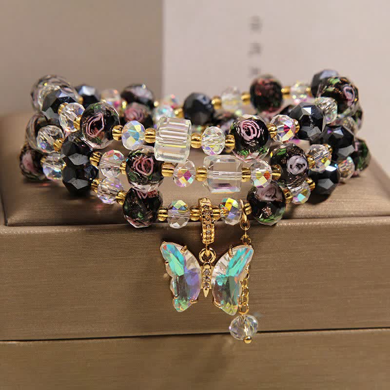 Buddha Stones Black Liuli Glass Bead Rose Butterfly Charm Transformation Triple Wrap Bracelet