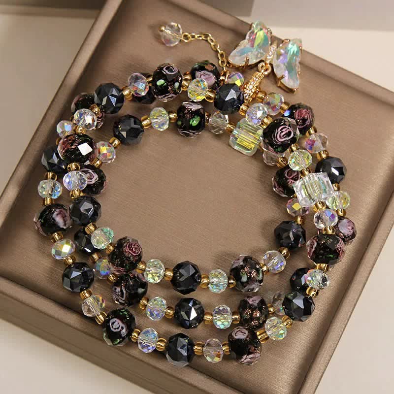 Buddha Stones Black Liuli Glass Bead Rose Butterfly Charm Transformation Triple Wrap Bracelet