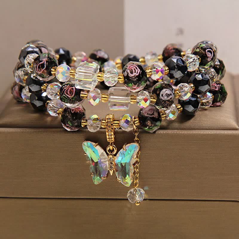 Buddha Stones Black Liuli Glass Bead Rose Butterfly Charm Transformation Triple Wrap Bracelet