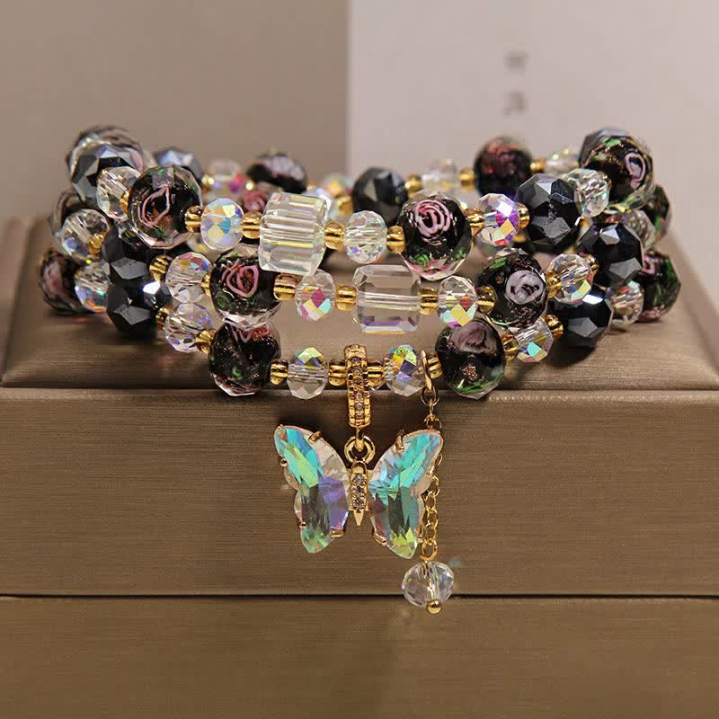 Buddha Stones Black Liuli Glass Bead Rose Butterfly Charm Transformation Triple Wrap Bracelet