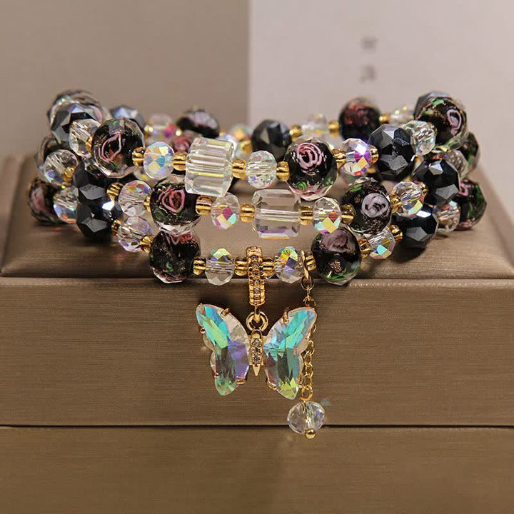 Buddha Stones Black Liuli Glass Bead Rose Butterfly Charm Transformation Triple Wrap Bracelet