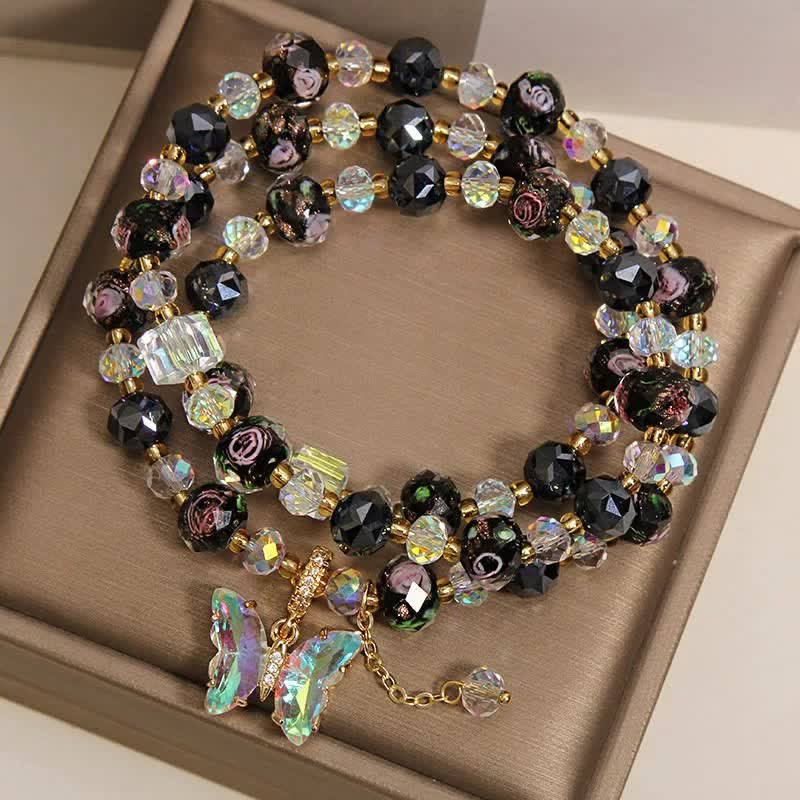 Buddha Stones Black Liuli Glass Bead Rose Butterfly Charm Transformation Triple Wrap Bracelet