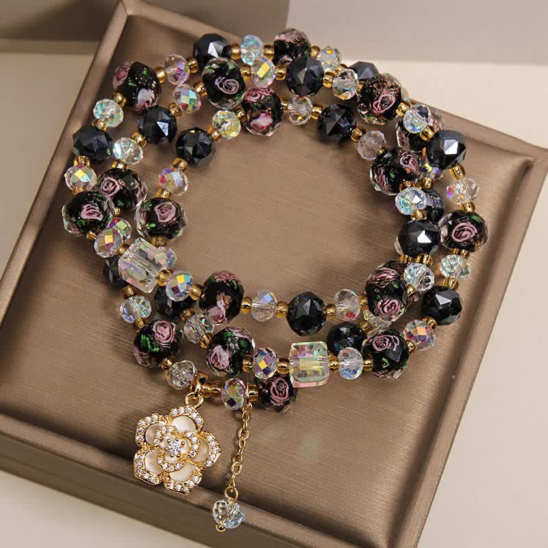 Buddha Stones Black Liu Li Glass Bead Flower Camellia Charm Harmonic Connection Bracelet