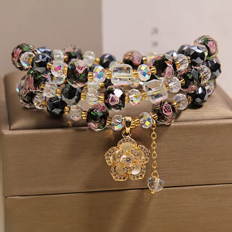 Buddha Stones Black Liu Li Glass Bead Flower Camellia Charm Harmonic Connection Bracelet