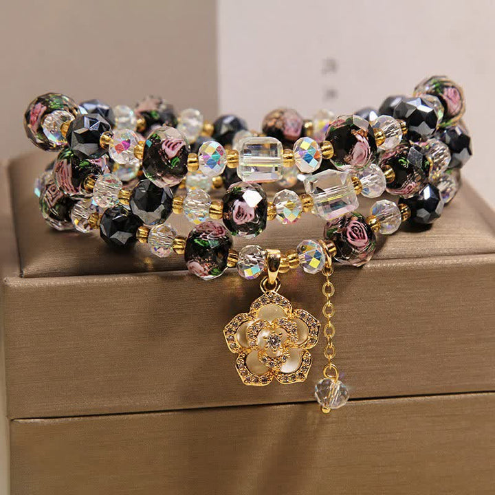 Buddha Stones Black Liu Li Glass Bead Flower Camellia Charm Harmonic Connection Bracelet